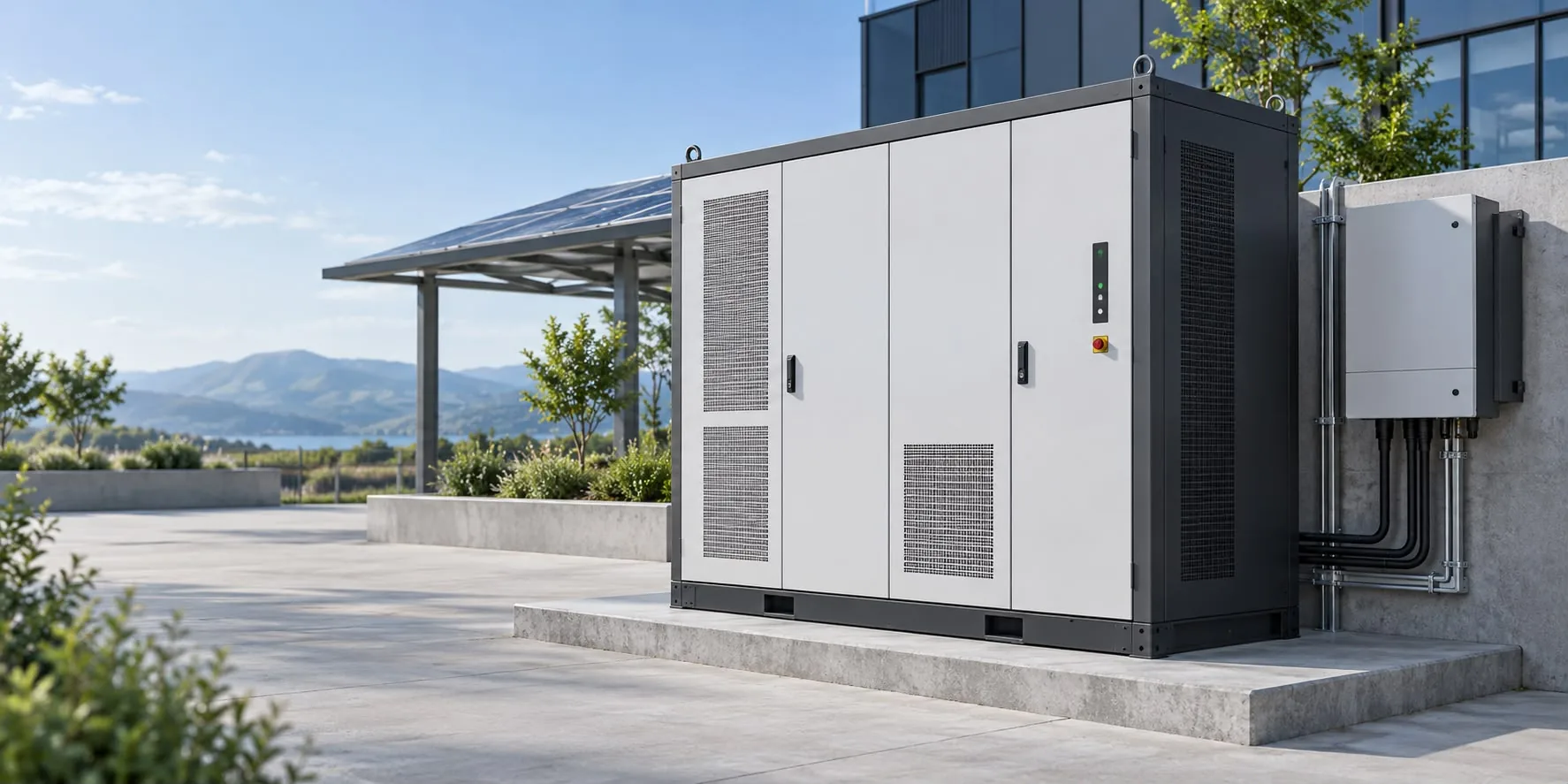 Outdoor energy storage installation on a company site, with an office building and a solar carport behind it
