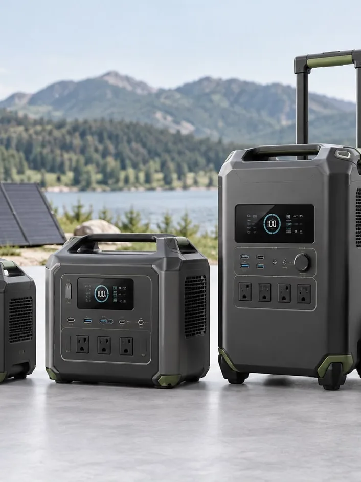 Several mobile power supply units side by side outdoors, with a solar panel set up beside them