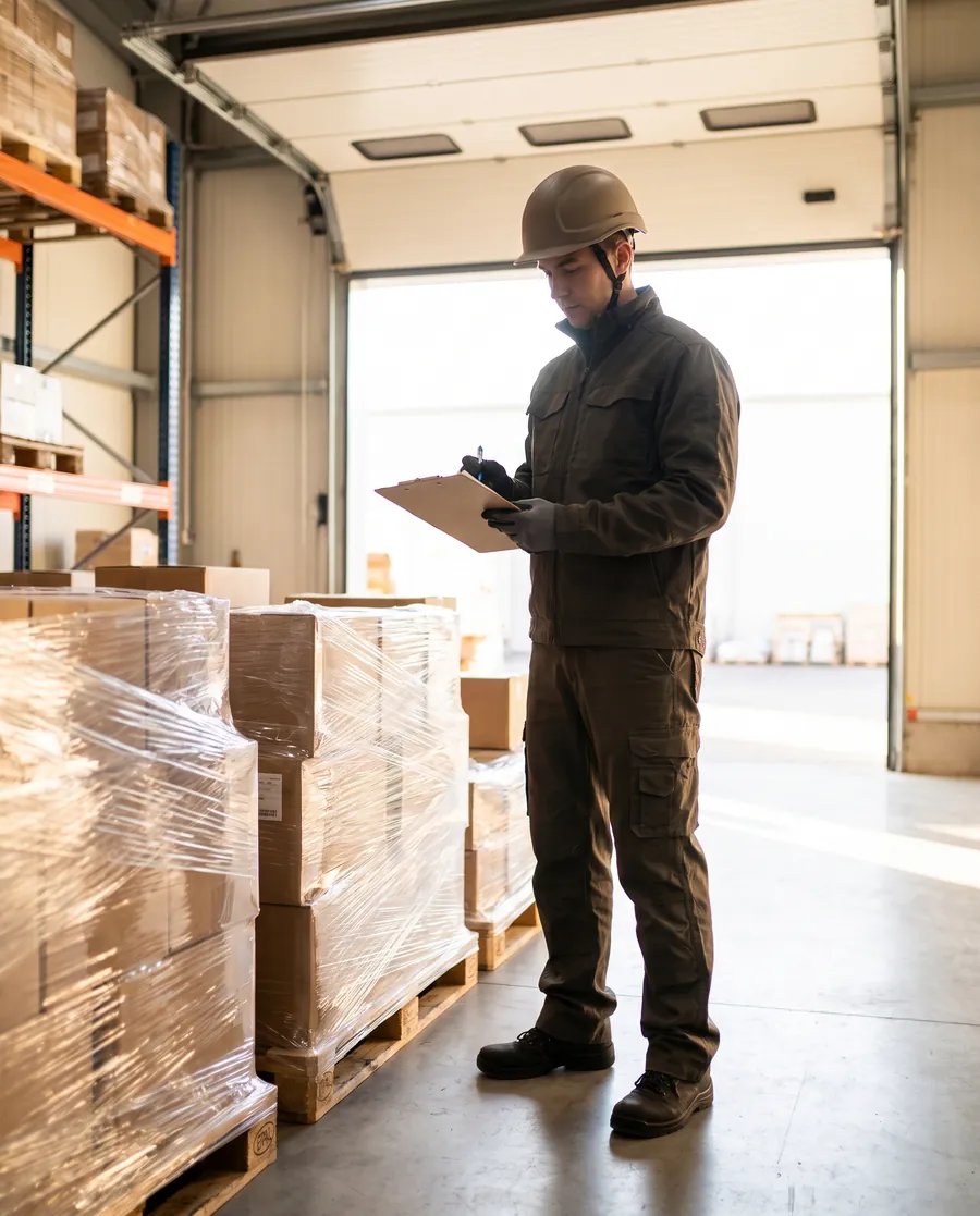 Goods handover in a bright warehouse: a person checking documents beside wrapped pallets
